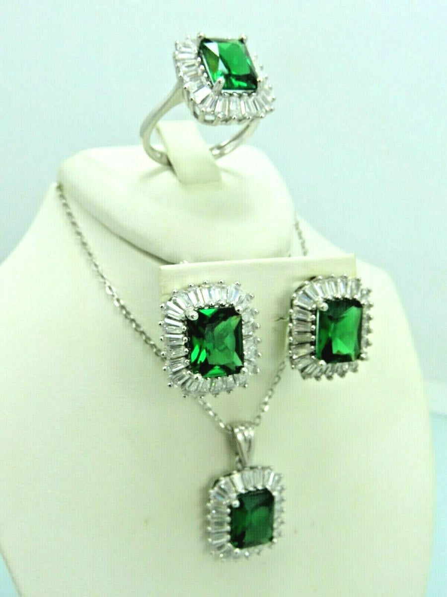 Turkish Handmade Jewelry 925 Sterling Silver Emerald Stone Women's Ear