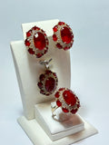 Turkish Handmade Jewelry 925 Sterling Silver Ruby Stone Women's Earrings & Ring Jewelry Set