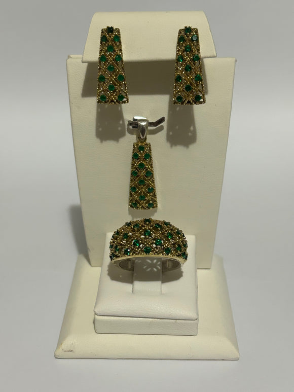 Turkish Handmade Jewelry 925 Sterling Silver Emerald Stone Women Earring & Pendant & Ring Set
