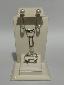 Turkish Handmade Jewelry 925 Sterling Silver Pearl Stone Women's Earrings & Ring & Pendant Jewelry Set