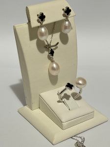 Turkish Handmade Jewelry 925 Sterling Silver Pearl Stone Women's Earrings & Ring & Pendant Jewelry Set