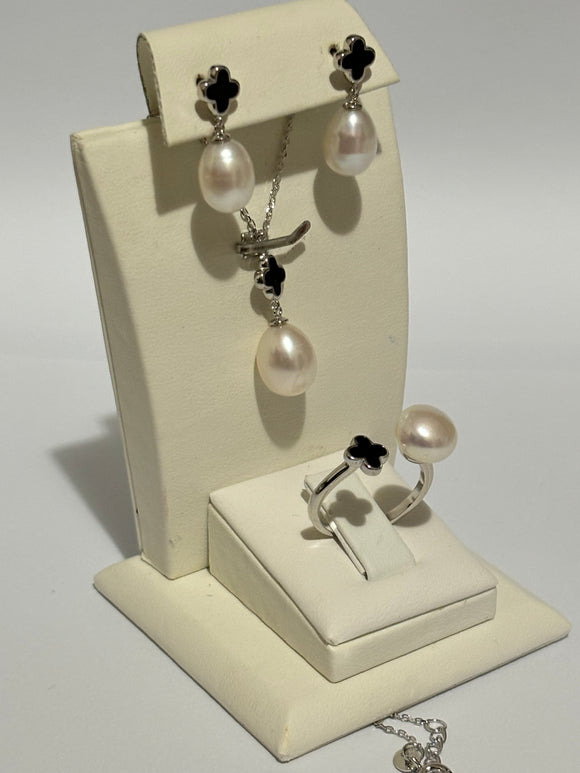 Turkish Handmade Jewelry 925 Sterling Silver Pearl Stone Women's Earrings & Ring & Pendant Jewelry Set