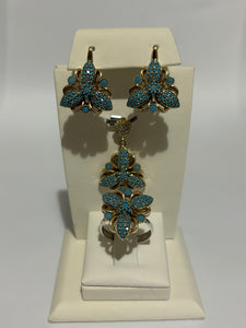 Turkish Handmade Jewelry 925 Sterling Silver Turquoise Stone Women's Earrings, Pendant & Ring Jewelry Set