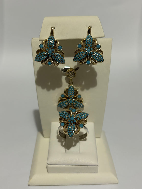 Turkish Handmade Jewelry 925 Sterling Silver Turquoise Stone Women's Earrings, Pendant & Ring Jewelry Set