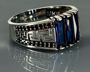 Turkish Handmade Jewelry 925 Sterling Silver Sapphire Stone Engraved Men's Rings