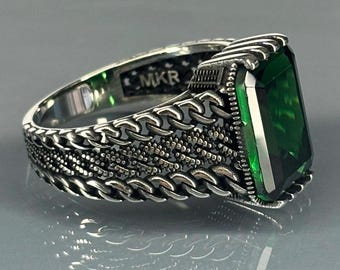 Turkish Handmade Jewelry 925 Sterling Silver Emerald Stone Mens Rings