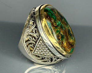 Turkish Handmade Jewelry 925 Sterling Silver Malachite Stone Men's Rings