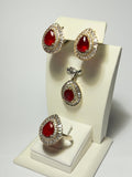 Ruby Sterling Silver Jewelry Set: Turkish Handmade Earrings, Ring, Pendant