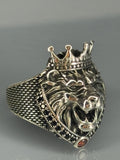 Sterling Silver Lion Head Ring: Gothic Crown, Ruby Stone, Vintage Jewelry