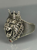 Sterling Silver Lion Head Ring: Gothic Crown, Ruby Stone, Vintage Jewelry