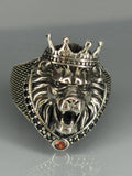 Sterling Silver Lion Head Ring: Gothic Crown, Ruby Stone, Vintage Jewelry