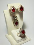 Ruby Sterling Silver Jewelry Set: Turkish Handmade Earrings, Ring, Pendant