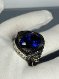 Vintage Sterling Silver Men's Sapphire Ring: Handmade Lion Design