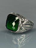 Emerald Green Stone Sterling Silver Men's Ring: Vintage Gothic Jewelry
