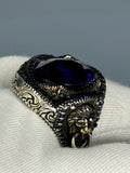 Vintage Sterling Silver Men's Sapphire Ring: Handmade Lion Design