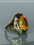 Vintage Gothic Sterling Silver Men's Ring: Oval Citrine Gemstone