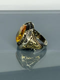 Vintage Gothic Sterling Silver Men's Ring: Oval Citrine Gemstone