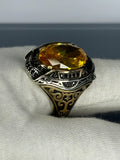Vintage Gothic Sterling Silver Men's Ring: Oval Citrine Gemstone