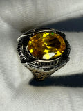 Vintage Gothic Sterling Silver Men's Ring: Oval Citrine Gemstone