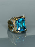 Aquamarine Stone Ring: Turkish 925 Sterling Silver Filigree, Boho Mens Ring