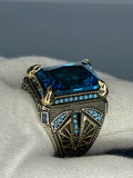 Aquamarine Stone Ring: Turkish 925 Sterling Silver Filigree, Boho Mens Ring