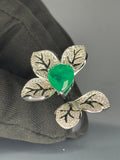 Green Zircon Sterling Silver Ring: Leaf Design Statement Jewelry
