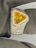 Sterling Silver Citrine Ring: Turkish Handmade Triangle Stone, Vintage Mens Jewelry