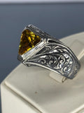 Sterling Silver Citrine Ring: Turkish Handmade Triangle Stone, Vintage Mens Jewelry