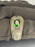 Handmade Sterling Silver Men's Ring: Emerald Green Stone, Vintage Inlaid Design