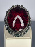 Ruby Sterling Silver Men's Ring: Ottoman Design, Emerald Accents
