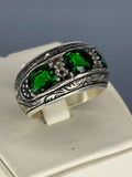 Handmade Sterling Silver Men's Ring: Emerald Green Stone, Vintage Inlaid Design