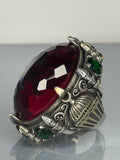 Ruby Sterling Silver Men's Ring: Ottoman Design, Emerald Accents