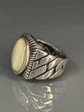 Handmade Sterling Silver Mens Ring: Oval Pearl Stone, Braided Chain Design