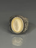 Handmade Sterling Silver Mens Ring: Oval Pearl Stone, Braided Chain Design