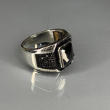 Handcrafted Sterling Silver Onyx Ring: Modern Grid Design