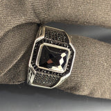 Handcrafted Sterling Silver Onyx Ring: Modern Grid Design