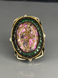 Sterling Silver Amethyst Emerald Ring: Ornate Bronze Accent Band