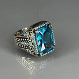 Handmade Aquamarine Sterling Silver Men's Ring: Greek Key Vintage Jewelry