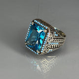 Handmade Aquamarine Sterling Silver Men's Ring: Greek Key Vintage Jewelry