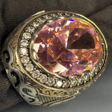 925 Sterling Silver Rose Quartz Ring: Baroque Royal Crest Design, Bishop Style Clergy Ring