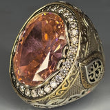 925 Sterling Silver Rose Quartz Ring: Baroque Royal Crest Design, Bishop Style Clergy Ring