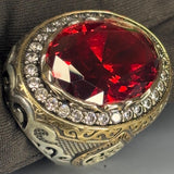 Sterling Silver Faceted Ruby Ring: Two-Tone Baroque Ornate Design Bishop Style Clergy Ring