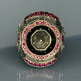 Sterling Silver Ruby Islamic Dome Men's Ring, Two-Tone Architectural Statement Jewelry