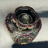 Sterling Silver Ruby Islamic Dome Men's Ring, Two-Tone Architectural Statement Jewelry