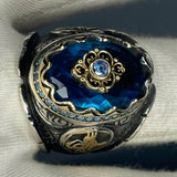 Aquamarine Sterling Silver Men’s Ring, Ottoman Tughra, Two-Tone Anatolian Design