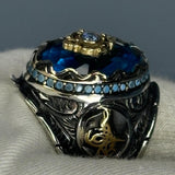 Aquamarine Sterling Silver Men’s Ring, Ottoman Tughra, Two-Tone Anatolian Design
