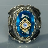 Aquamarine Sterling Silver Men’s Ring, Ottoman Tughra, Two-Tone Anatolian Design