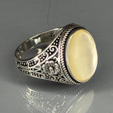 Sterling Silver Mother of Pearl Ring, Artisan Filigree Band, Vintage Style