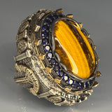 925 Sterling Silver Tiger Eye Ring: Baroque Sapphire Accent, Two-Tone Design