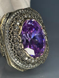 Sterling Silver Amethyst Ring: Ornate Baroque Design, Bronze Detail